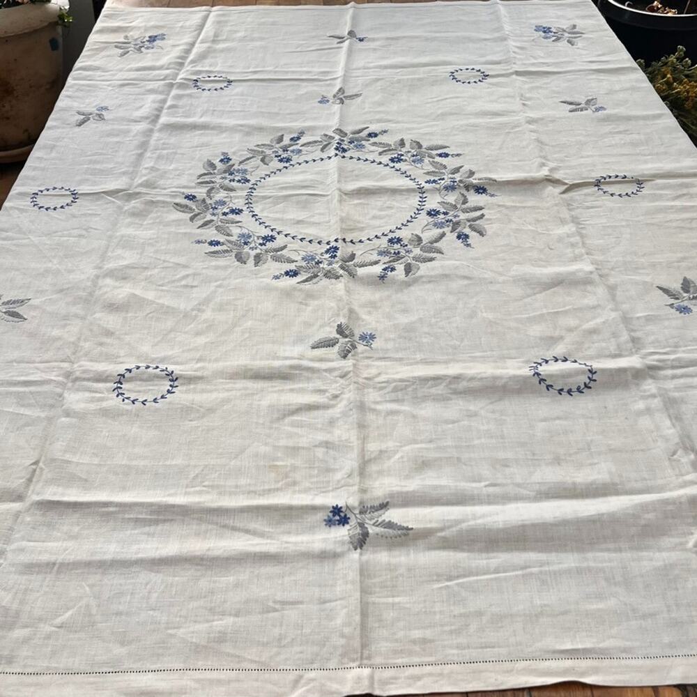 Antique Linen Tablecloth Blue & White Florals Hand Embroidered 64.5 x 47